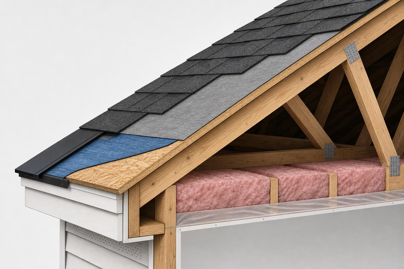 Cross-section illustration of a Utah residential roof assembly showing shingles, underlayment, ice and water shield, deck, trusses, insulation, and drywall ceiling