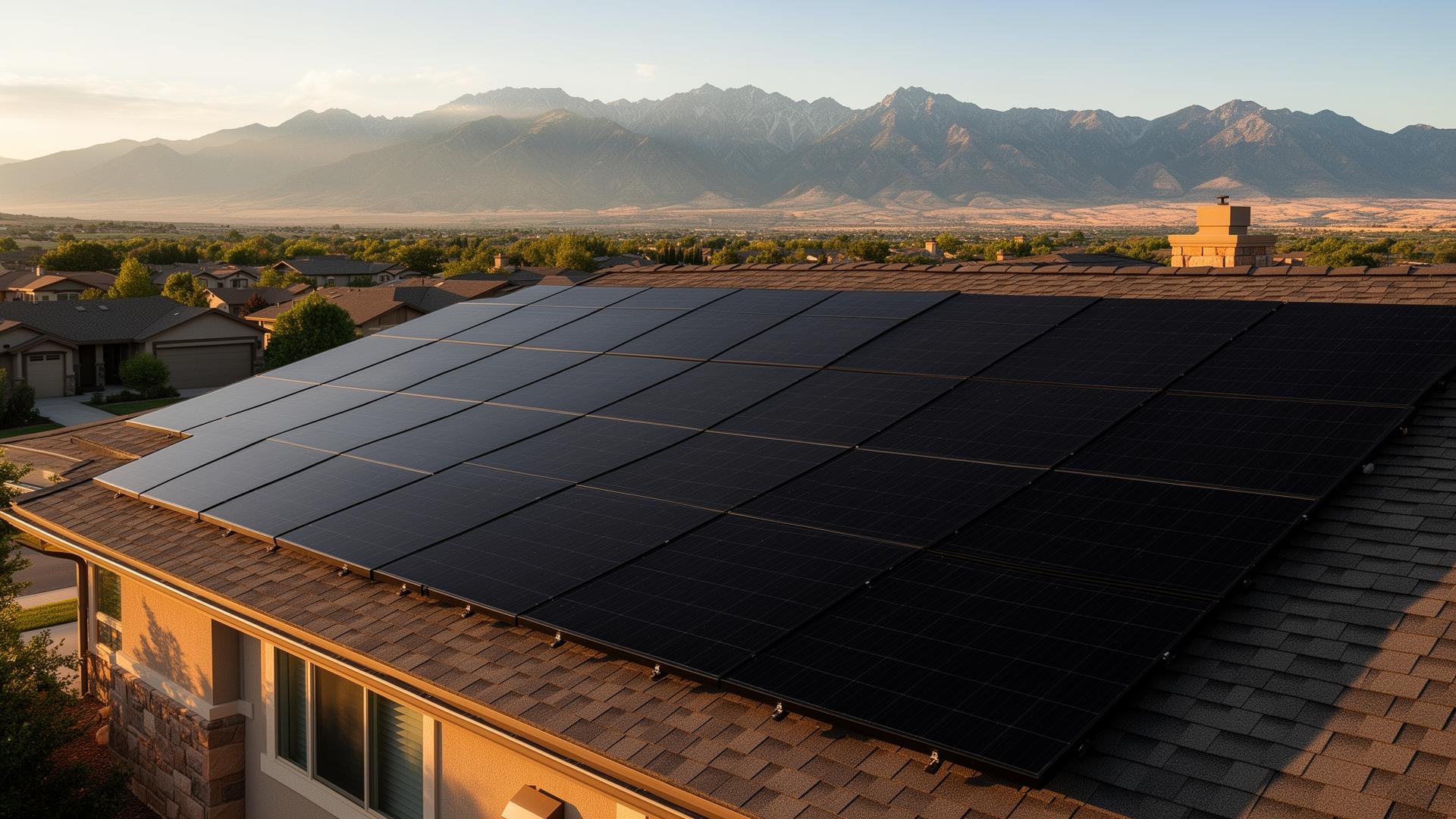 Utah home with rooftop matte black monocrystalline solar panels against snow-capped Wasatch mountains