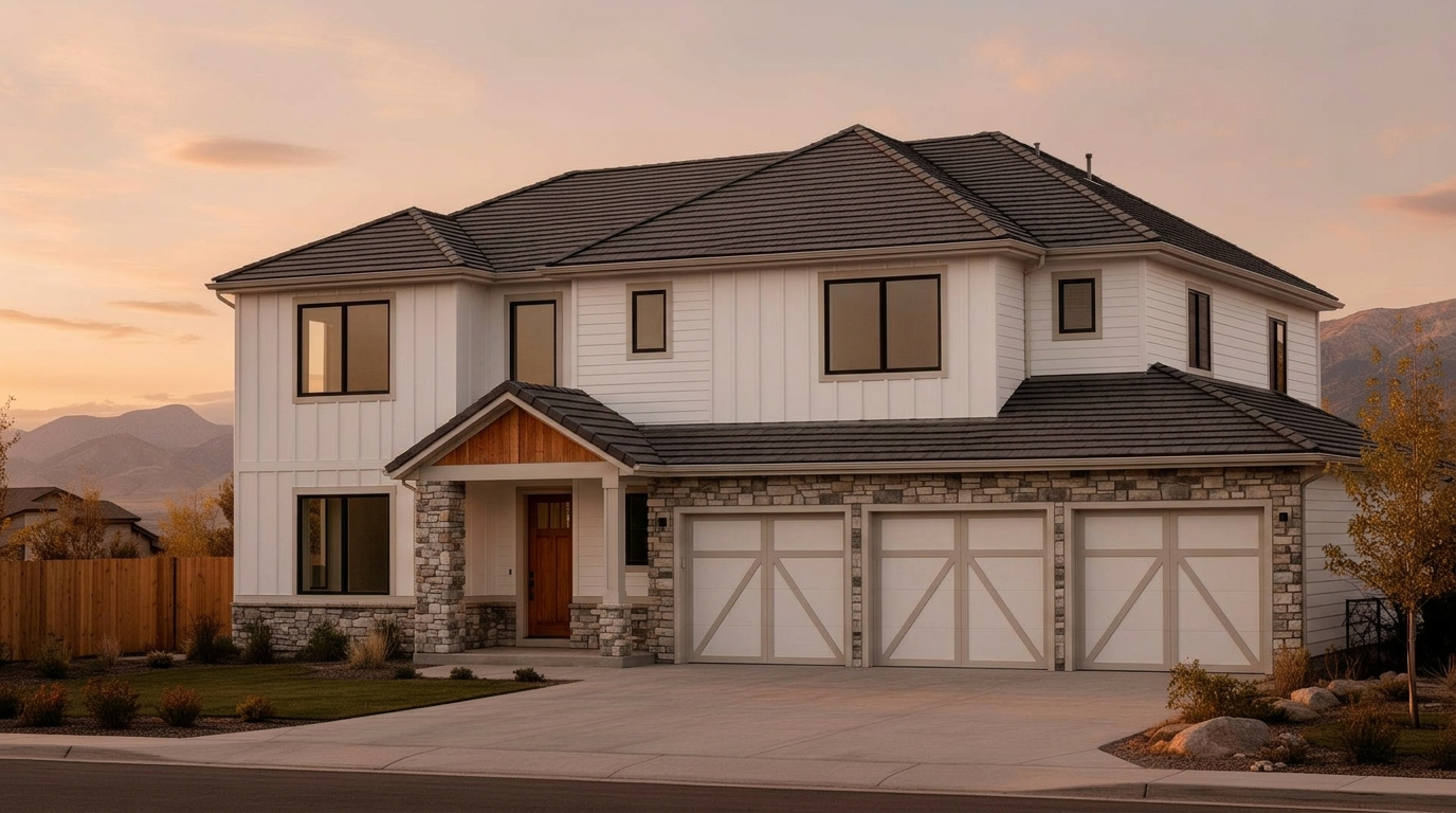 Two-story Utah home with white Hardie lap siding, soft dusk lighting, light architectural roof, and slim black-framed windows