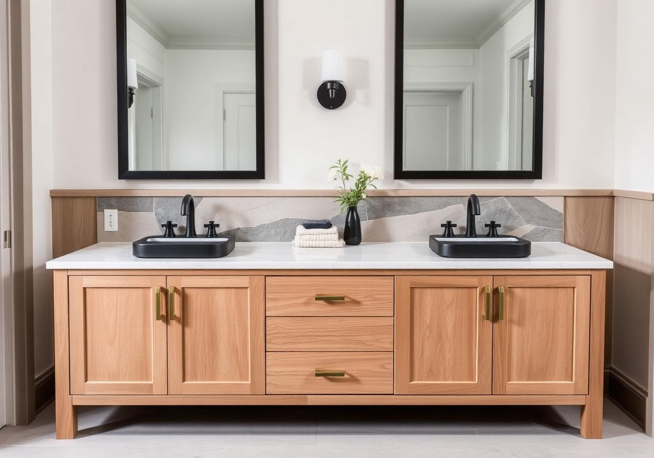 Rift white oak double vanity with matte black widespread faucets