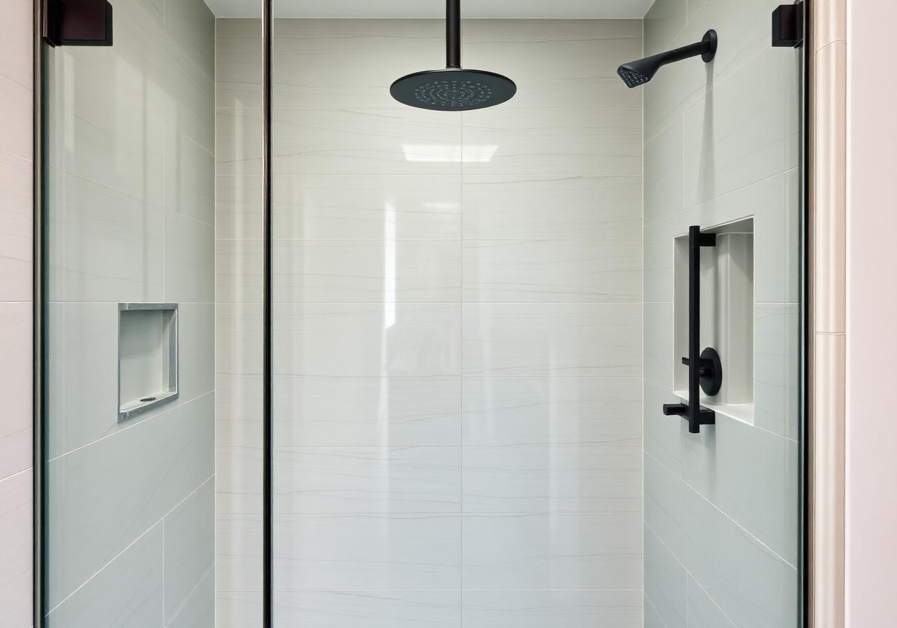 Frameless glass walk-in shower with large format wall tile
