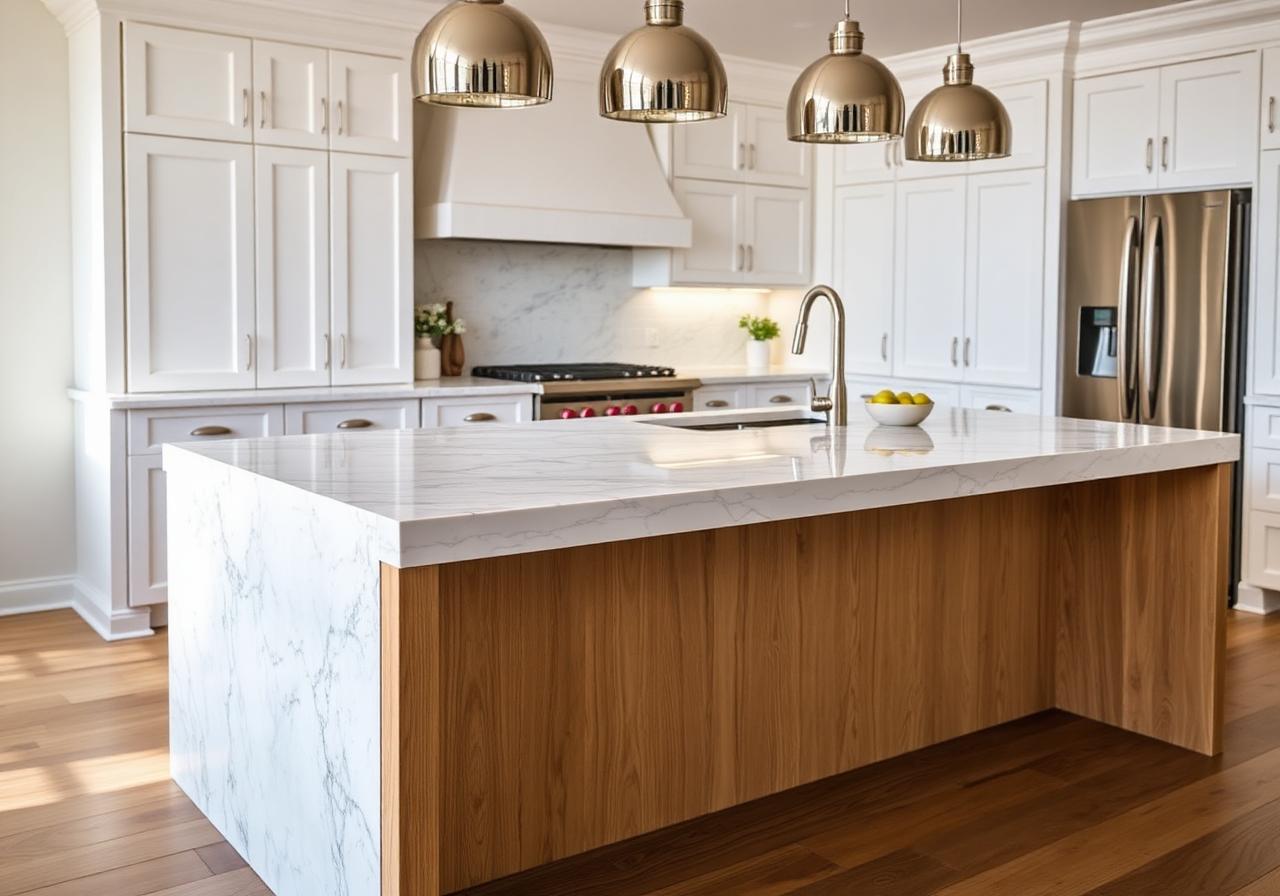 Calacatta quartz waterfall + rift white oak island