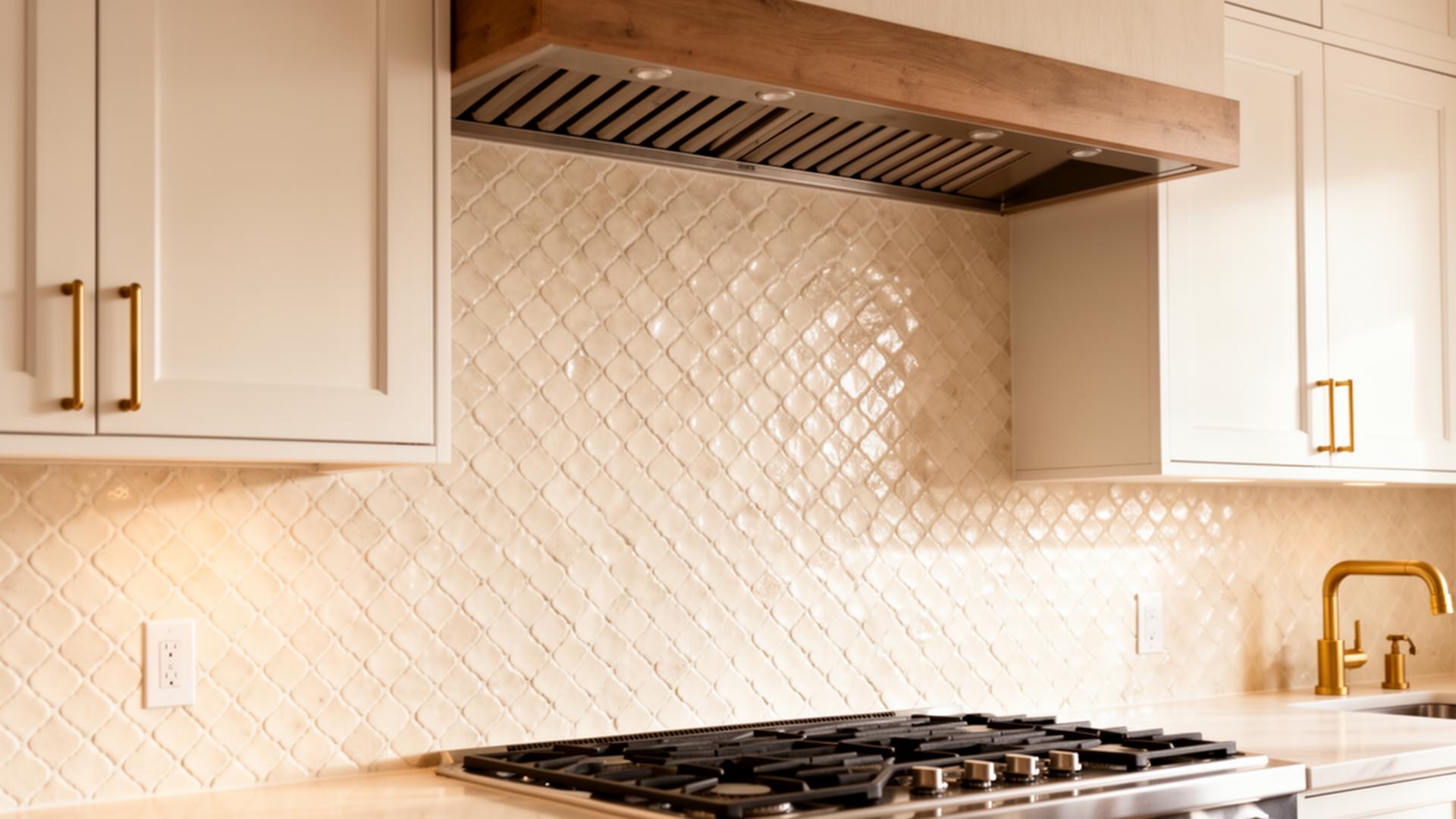 Warm white zellige tile backsplash behind a vented hood in a Utah kitchen
