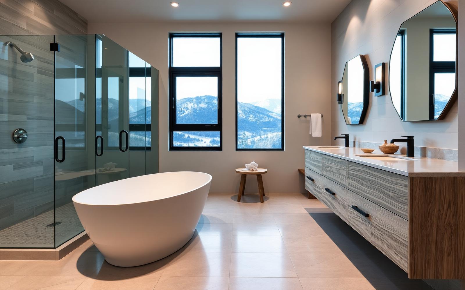 Utah primary bathroom remodel with freestanding tub, walk-in shower, and rift white oak vanity