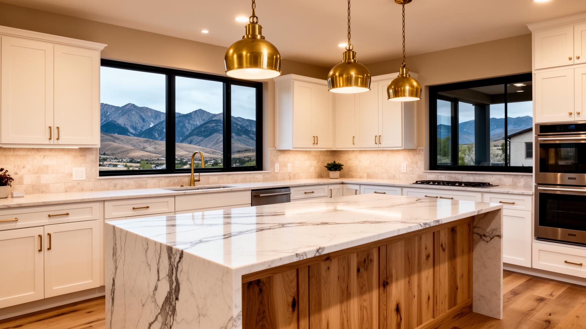 Warm white shaker cabinetry with rift white oak island in a Utah luxury kitchen