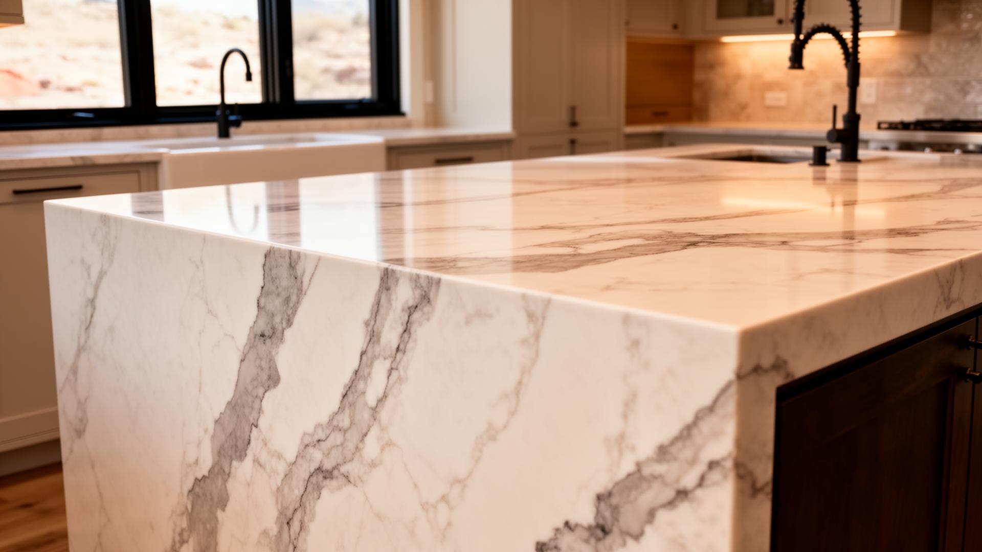 Waterfall edge marble-look quartz island in a Utah luxury kitchen