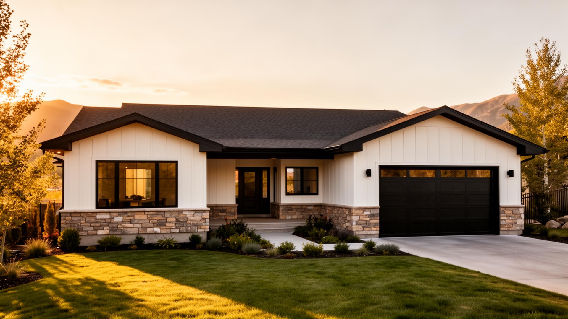 Utah modern rambler custom home in Alpine with stone, white Hardie, and black windows