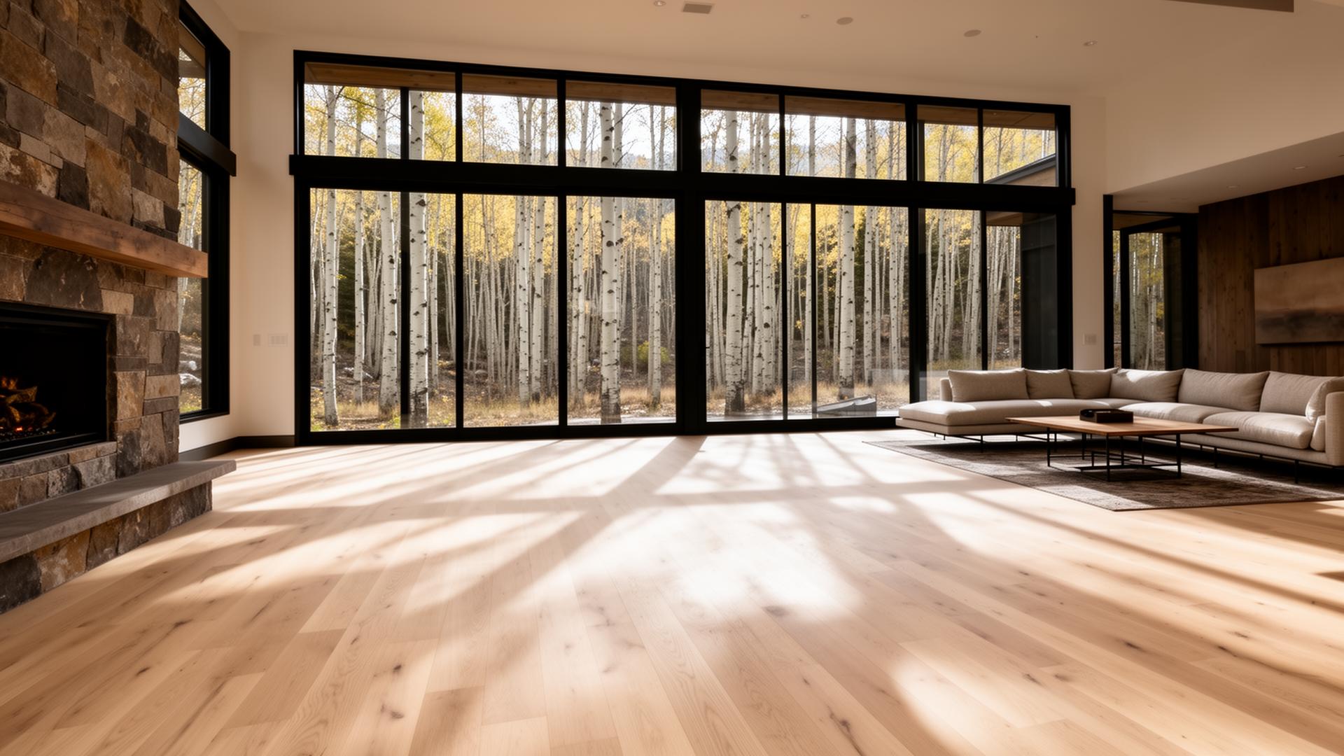 Wide white oak engineered hardwood plank flooring in a Utah mountain modern great room
