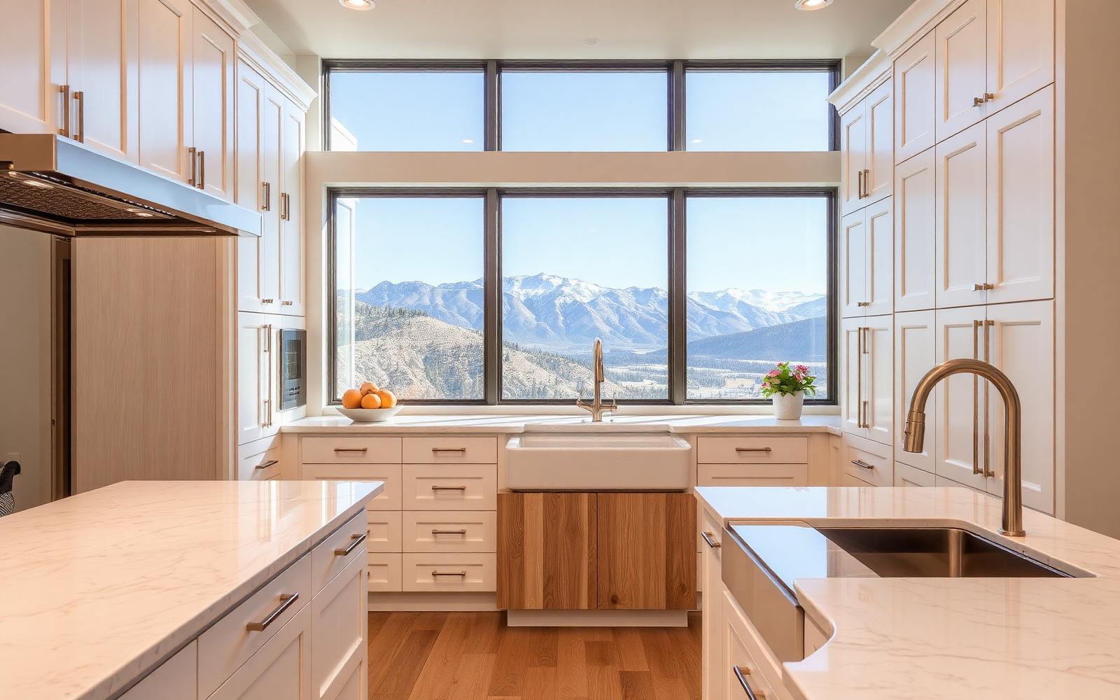 Utah luxury kitchen remodel with warm white shaker cabinets, rift white oak island, and Wasatch mountain view
