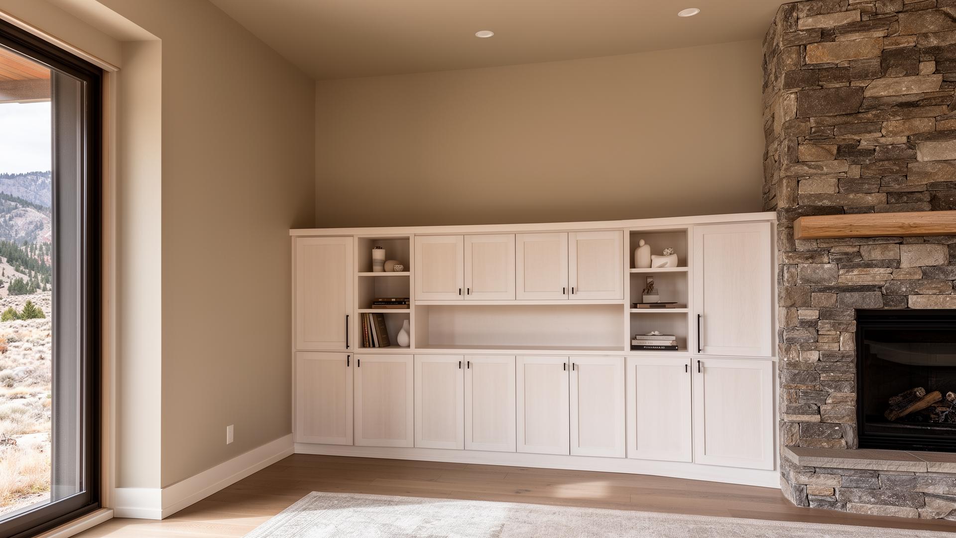 Utah mountain modern interior painted in warm greige with white oak built-ins