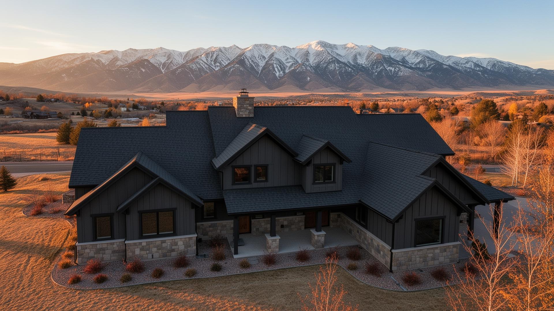 Utah custom home with charcoal architectural shingle roof and stone exterior