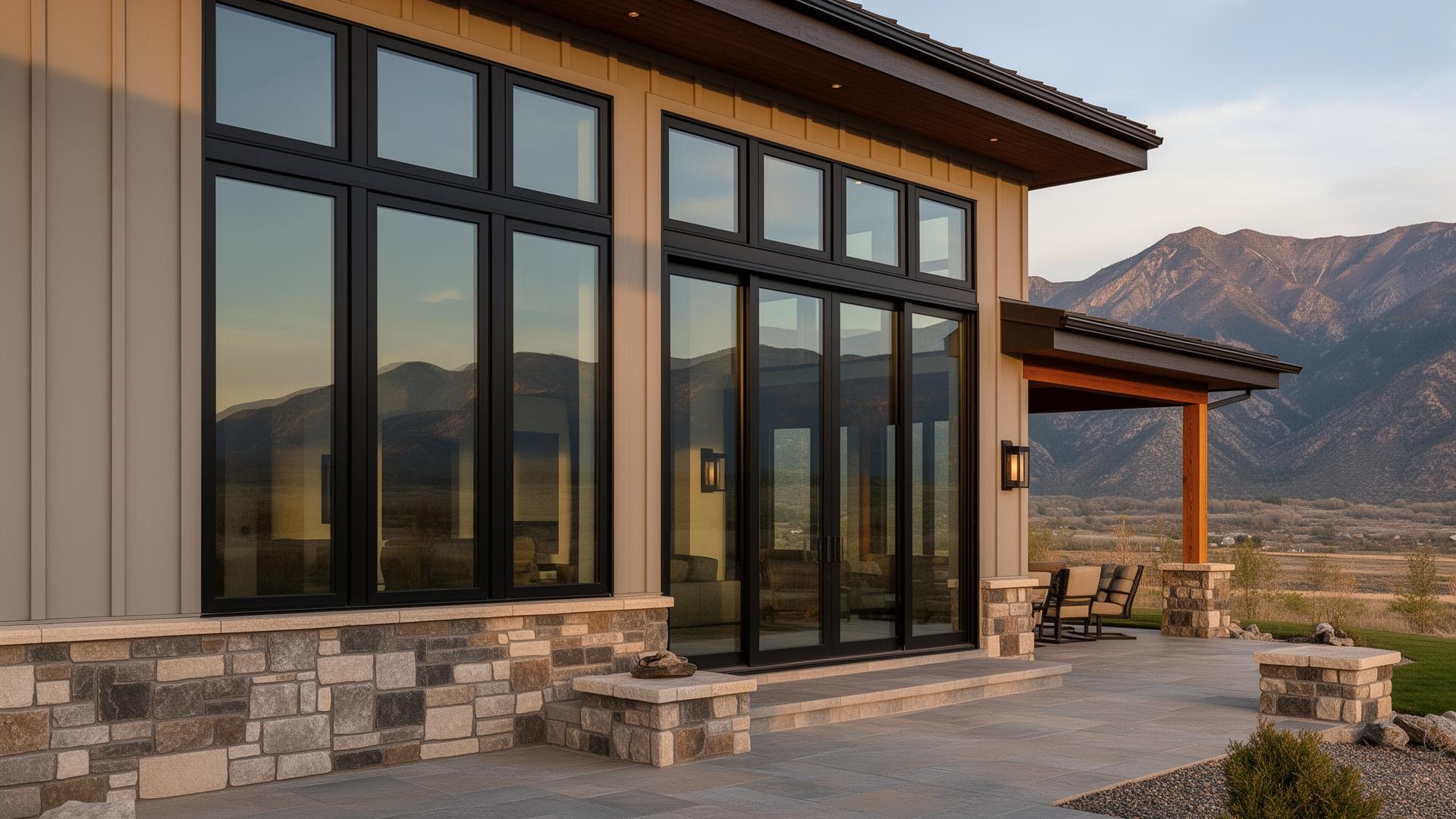 Wall of black framed windows and multi-slide door on a Utah luxury contemporary home